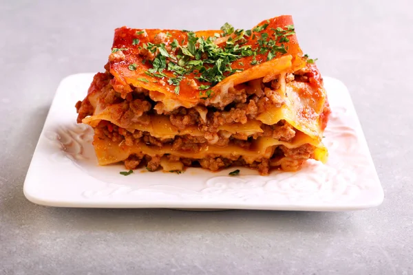 Piece of beef lasagna served — Stock Photo, Image