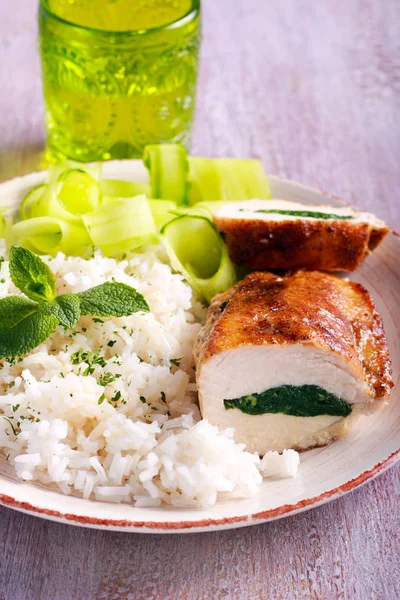 Chicken fillet stuffed with spinach and rice — Stock Photo, Image