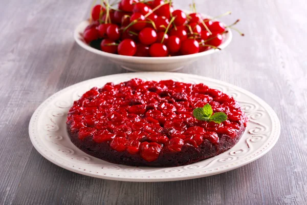 Sour cherry chocolate upside down cake — Stock Photo, Image