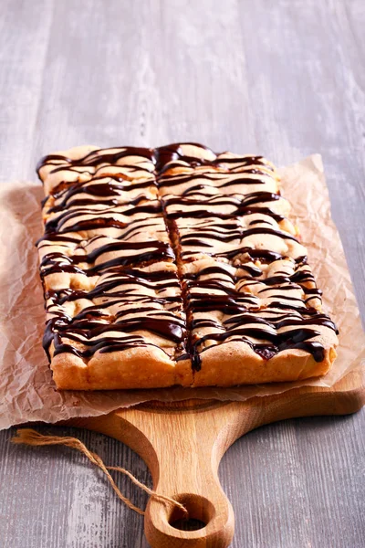 Sponge fruit cake with chocolate drizzle — Stock Photo, Image