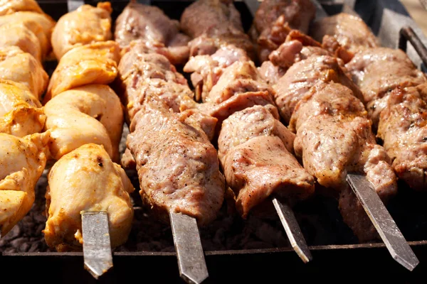 De stukken vlees op stokjes grillen — Stockfoto