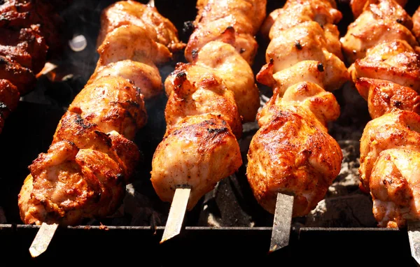 De stukken vlees op stokjes grillen — Stockfoto