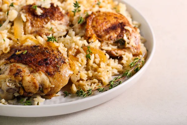 Thyme Chicken Thighs Rice Plate — Stock Photo, Image