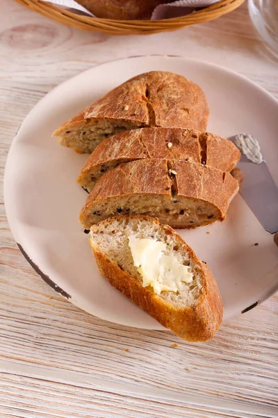 Homemade Wholewheat Mixed Seed Bread Sliced Served Butter — Stock Photo, Image