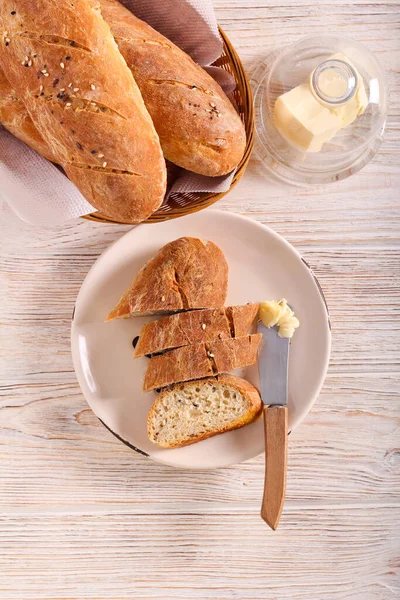 Homemade Wholewheat Mixed Seed Bread Sliced Served Butter — Stock Photo, Image