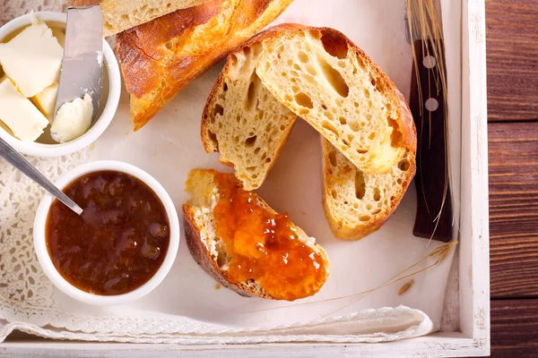 Homemade Bread Served Butter Jam — Stock Photo, Image