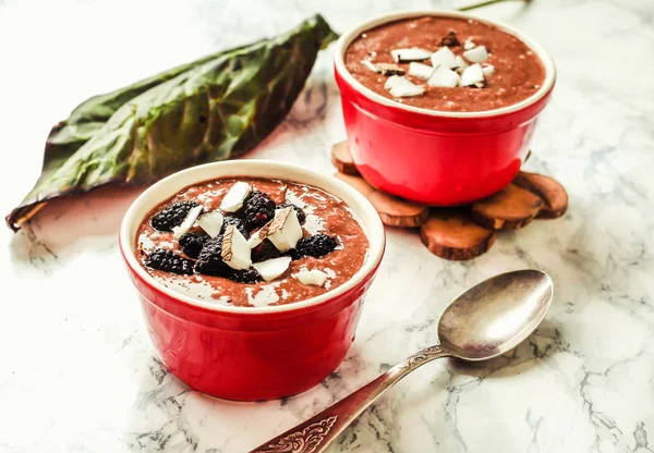 Chocolade pudding in een rode kom, met bessen, kokos en chia s — Stockfoto