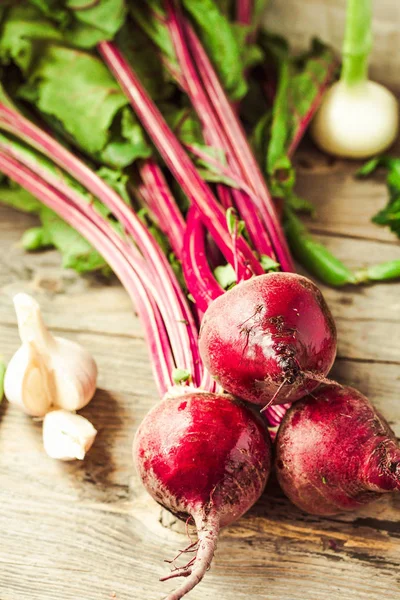 Fresh vegetables on rustic concrete background. Carrot, beet, ra — Stock Photo, Image