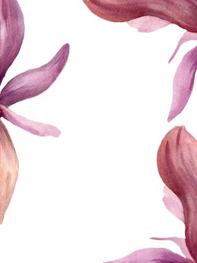 Düğün, doğum günü, parfüm, tekstil, moda için beyaz zemin üzerinde çiçek manolyası olan suluboya çerçeve