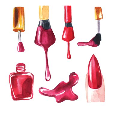 suluboya set manikür, güzellik salonu, tırnaklar, oje, sürtünme, damlayan fırçalar izole edilmiş beyaz arka planda