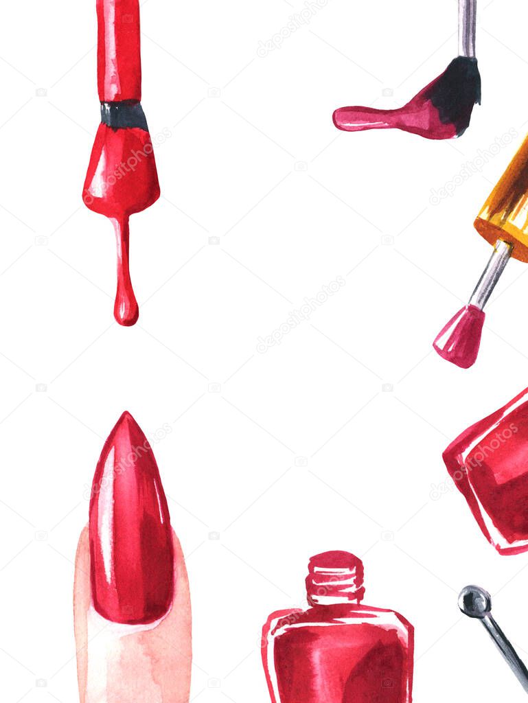 watercolor set manicure, beauty salon, nails, nail polish, frieze, drip brushes on an isolated white background