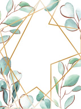 okaliptüs yaprakları suluboya, altın çizgiler, altın çerçeve, düğün, parfüm, yeşil, narin, akvaryum, aromaterapi, kır çiçeği, hatıra defteri, kağıt, süs eşyası