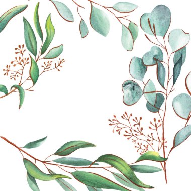 okaliptüs yaprakları suluboya, altın çizgiler, altın çerçeve, düğün, parfüm, yeşil, narin, akvaryum, aromaterapi, kır çiçeği, hatıra defteri, kağıt, süs eşyası