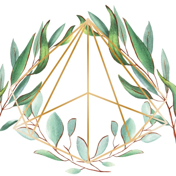 ユーカリの葉水彩 金の線 金のフレーム 結婚式 繊細な アクエラレ アロマセラピー 野の花 スクラップブック 装飾要素 — ストック写真