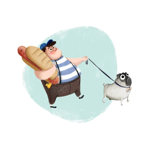 illustration of a boy walking with a pug and eating a hotdog