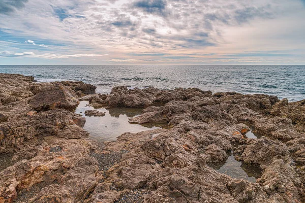 Камни Средиземноморского Побережья Рядом Torre Vigia Las Palomas Малаге Коста — стоковое фото