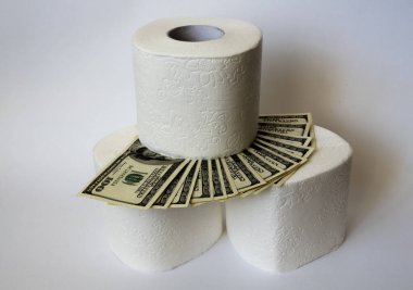 Beyaz arka planda tuvalet kağıdı ve dolar