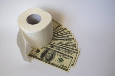 Beyaz arka planda tuvalet kağıdı ve dolar