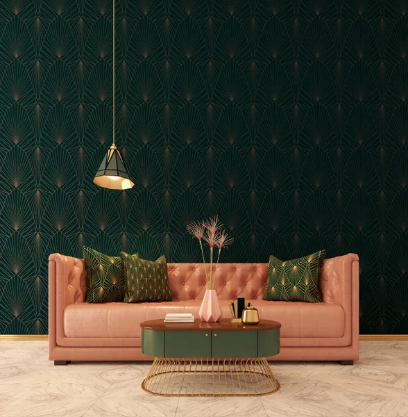 Interior Clasic Art Deco Style Sofa Lampă Vază Masă Pardoseală — Fotografie, imagine de stoc