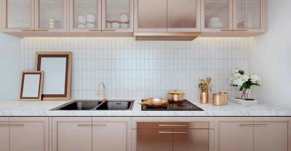 Roségold Farbe Küche Innenraum Mit Einer Gefliesten Wand Weißen Arbeitsplatten — Stockfoto