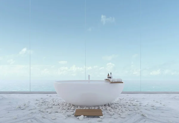 宾馆或家里有豪华的海景浴室 浴缸在大理石地板上 有岩石 3D渲染 — 图库照片