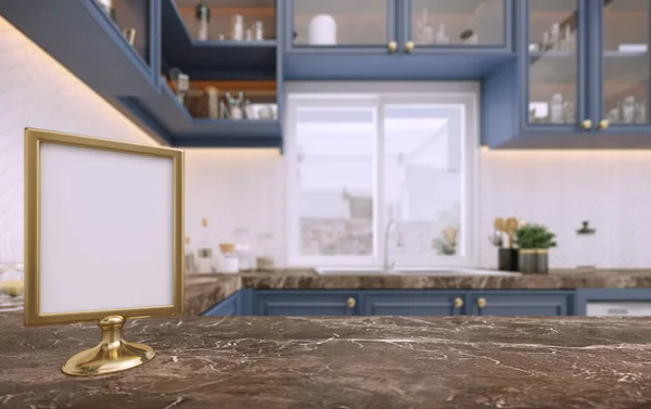 Stone Tischplatte Auf Unscharfem Küchenraum Hintergrund Mit Leeren Menü Für — Stockfoto