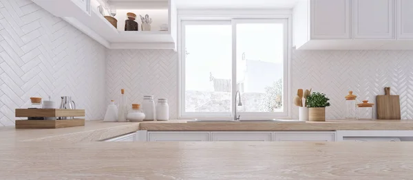 Holzplatte Auf Dem Hintergrund Einer Modernen Küche Mit Fenster Und — Stockfoto