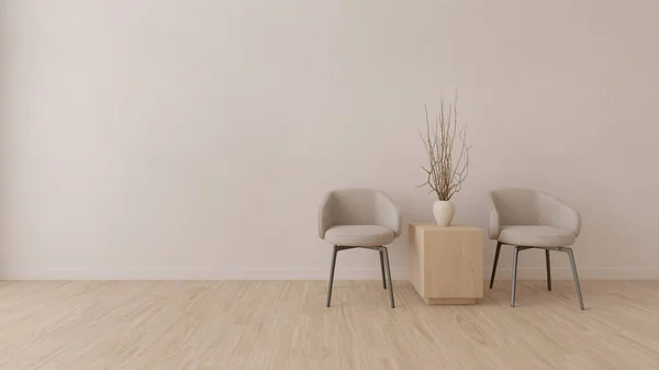 Minimalismus Moderní Pokoj Šedou Židlí Bílou Vázou Dřevěné Podlaze Vykreslování — Stock fotografie