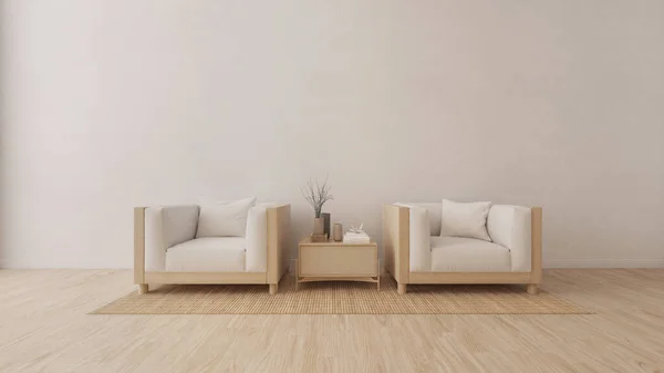 Minimalism,white interior in modern style with wood armchair and wooden floor.3d rendering