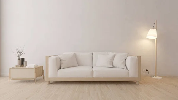 White sofa in white room with lamp and wooden floor -Minimalism/3d rendering
