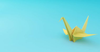 Pastel mavi arka plan üzerinde sarı origami vinç 3D görüntüleme