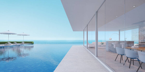 Luxury house with sea view swimming pool and terrace at vacation home, 3d illustration
