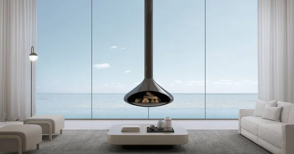 Luxus Strandhaus Sofa Stuhl Tisch Lampen Vorhänge Wohnzimmer Mit Infinity — Stockfoto