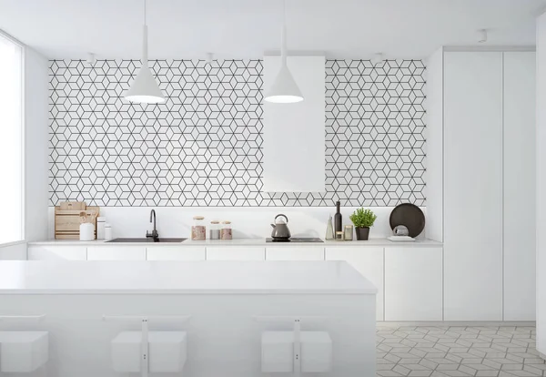 Moderne Witte Keuken Interieur Met Bar Teller Lamp Stoelen Aanrecht — Stockfoto
