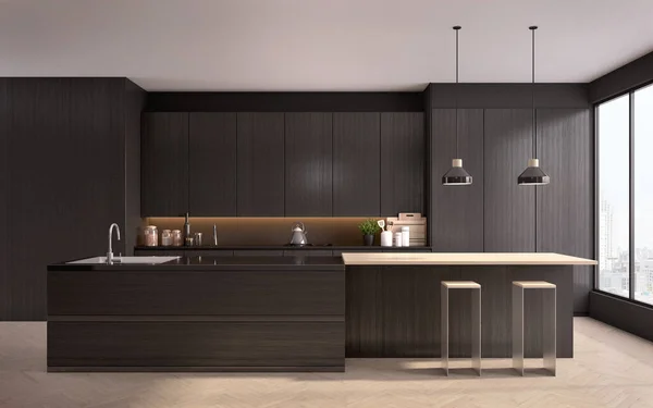 Moderne Schwarze Küche Der Nähe Des Fensters Mit Holzboden Arbeitsplatten — Stockfoto