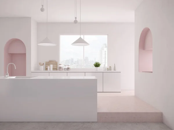 Moderne Witte Roze Keuken Interieur Met Bar Teller Lamp Aanrecht — Stockfoto