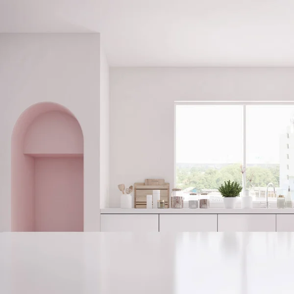 Moderne Weiße Und Rosa Kücheneinrichtung Mit Theke Arbeitsplatte Mit Spüle — Stockfoto