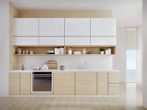 Moderne Weiße Küche Der Nähe Von Fenstern Mit Holzboden Arbeitsplatten — Stockfoto