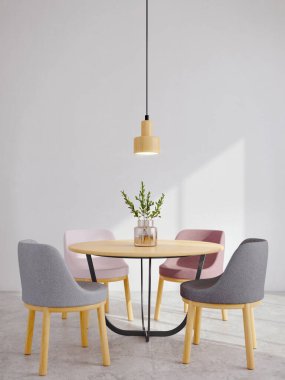 Modern yemek odası iç mimarisi. Sandalyeler, masa, cam vazo ve tavan lambası. Beyaz duvarda güneş ışığı var.