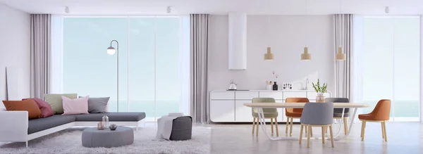 Luxus Strandhaus Ess Und Wohnzimmer Mit Infinity Rand Pool Und — Stockfoto