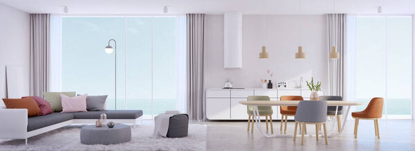 Luxury beach house, dining and living room with infinity edge swimming pool and sea view outside.Vacation home or holiday villa.3d rendering
