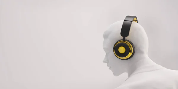 Weißes Modell Mann Mit Schwarzen Und Gelben Kopfhörern Auf Weißem — Stockfoto