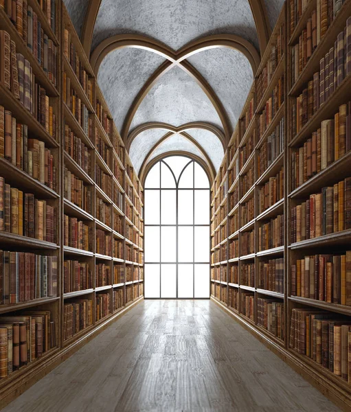 Luz Que Viene Través Ventana Arqueada Biblioteca Sala Lectura Con — Foto de Stock