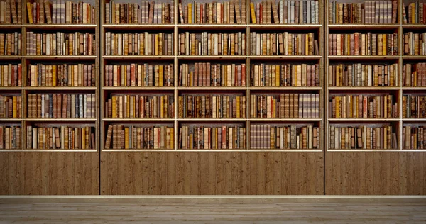 Panorama Old Books Wooden Shelf Book Shop Library Rendering — Stock Photo, Image