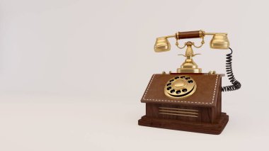 Klasik altın analog telefon ve ahşap kutu. Gri arka planda izole edilmiş deri.