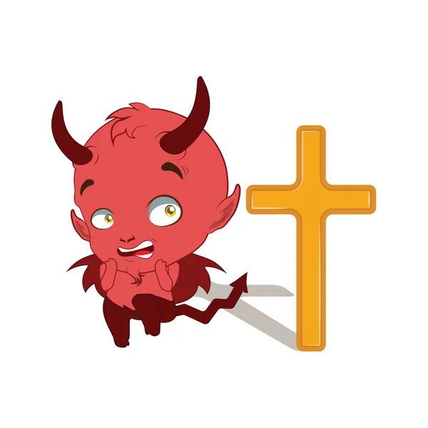 Kleiner Teufel, der Angst vor einem Kreuz hat — Stockvektor