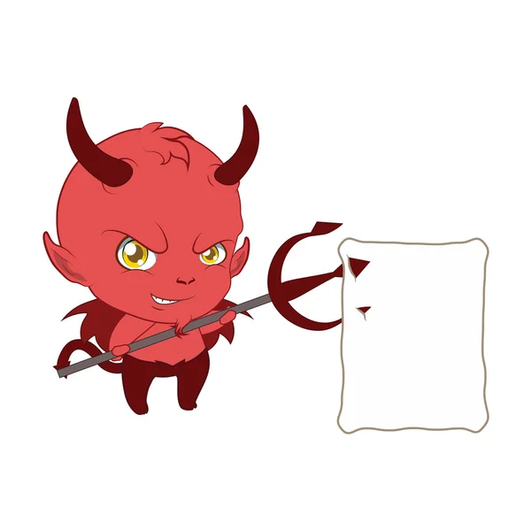 Kleiner Teufel hält einen Zettel mit seiner Mistgabel hoch — Stockvektor