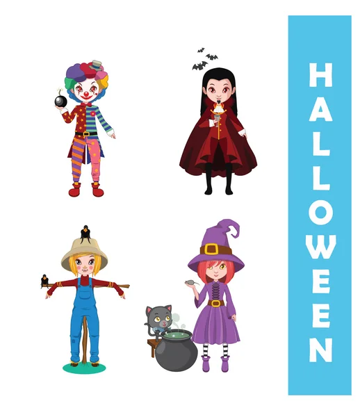 Colección de 4 personajes de Halloween - Payaso malvado, Vampiro, Cicatriz — Vector de stock