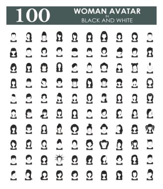 Koleksiyon 100 kadın avatar siyah ve beyaz renkte