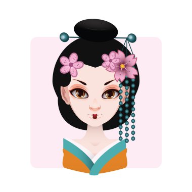 Yeşil ve turuncu kimono resimde güzel geyşa 